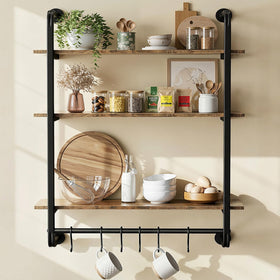 Kssiaz 3-tier industrial pipe shelf on wall showcasing collectibles and books