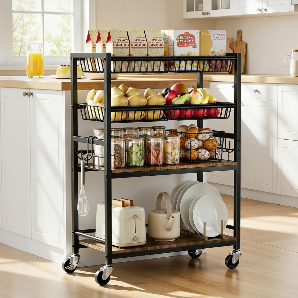 Kssiaz 4-tier rolling cart with fruit baskets for organized kitchen storage.