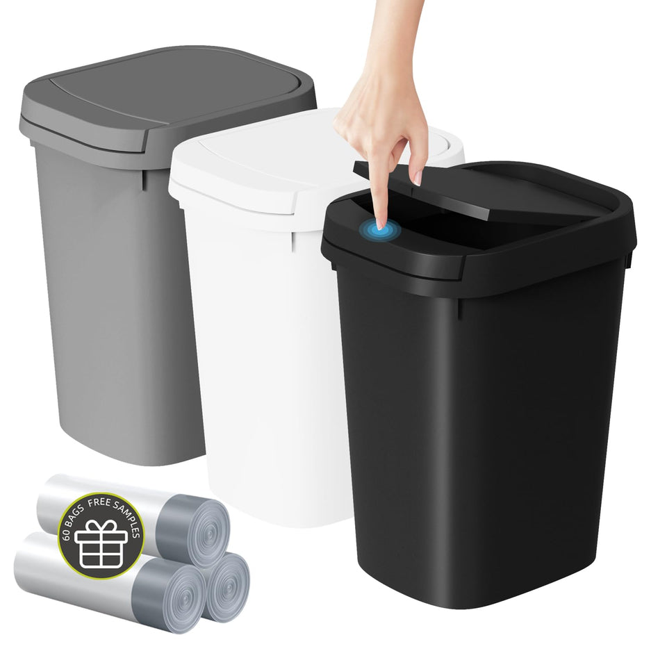 KSSKSS 3-pack bathroom trash can with lid compact design for tight spaces.
