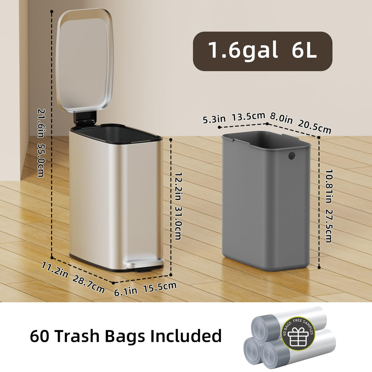 KSSKSS trash can includes 60 free drawstring bags for immediate use