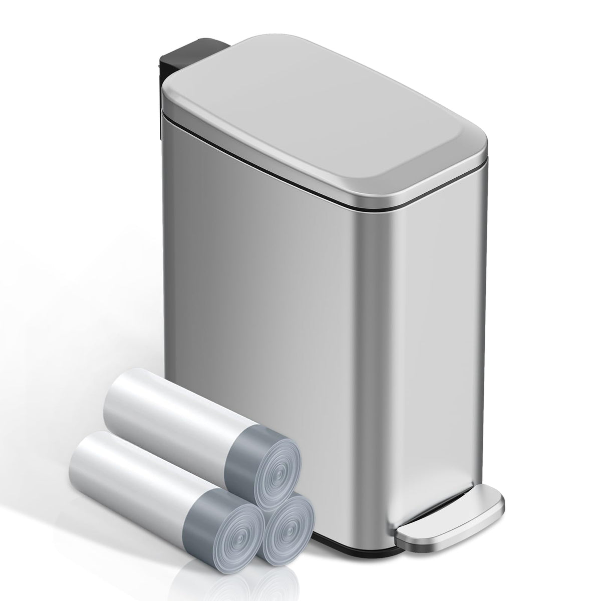 KSSKSS slim design trash can in a bathroom, showcasing compact fit for narrow spaces