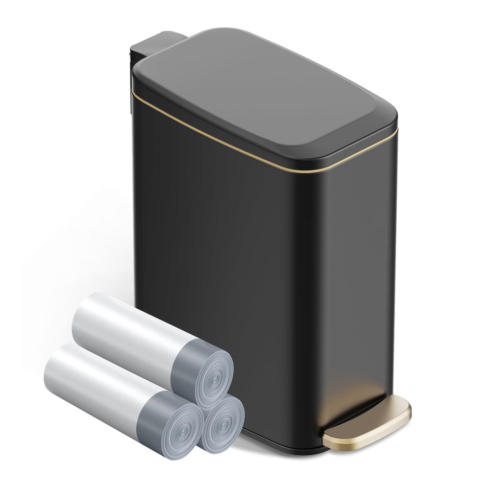KSSKSS slim trash can with soft-close lid in black for quiet, tidy spaces.