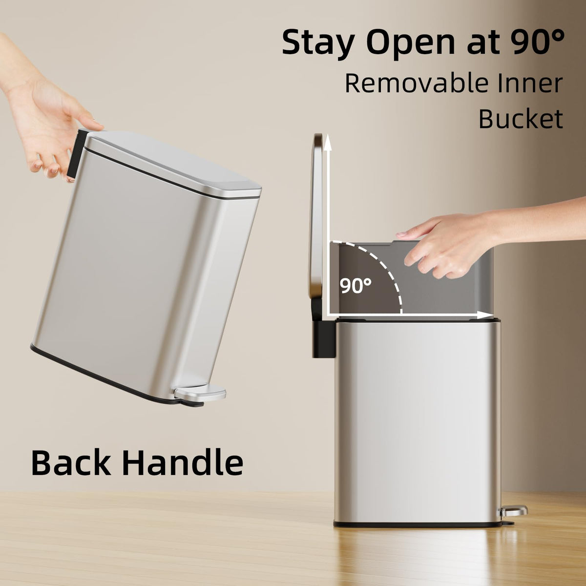Quiet soft-close lid on KSSKSS trash can in a modern setting