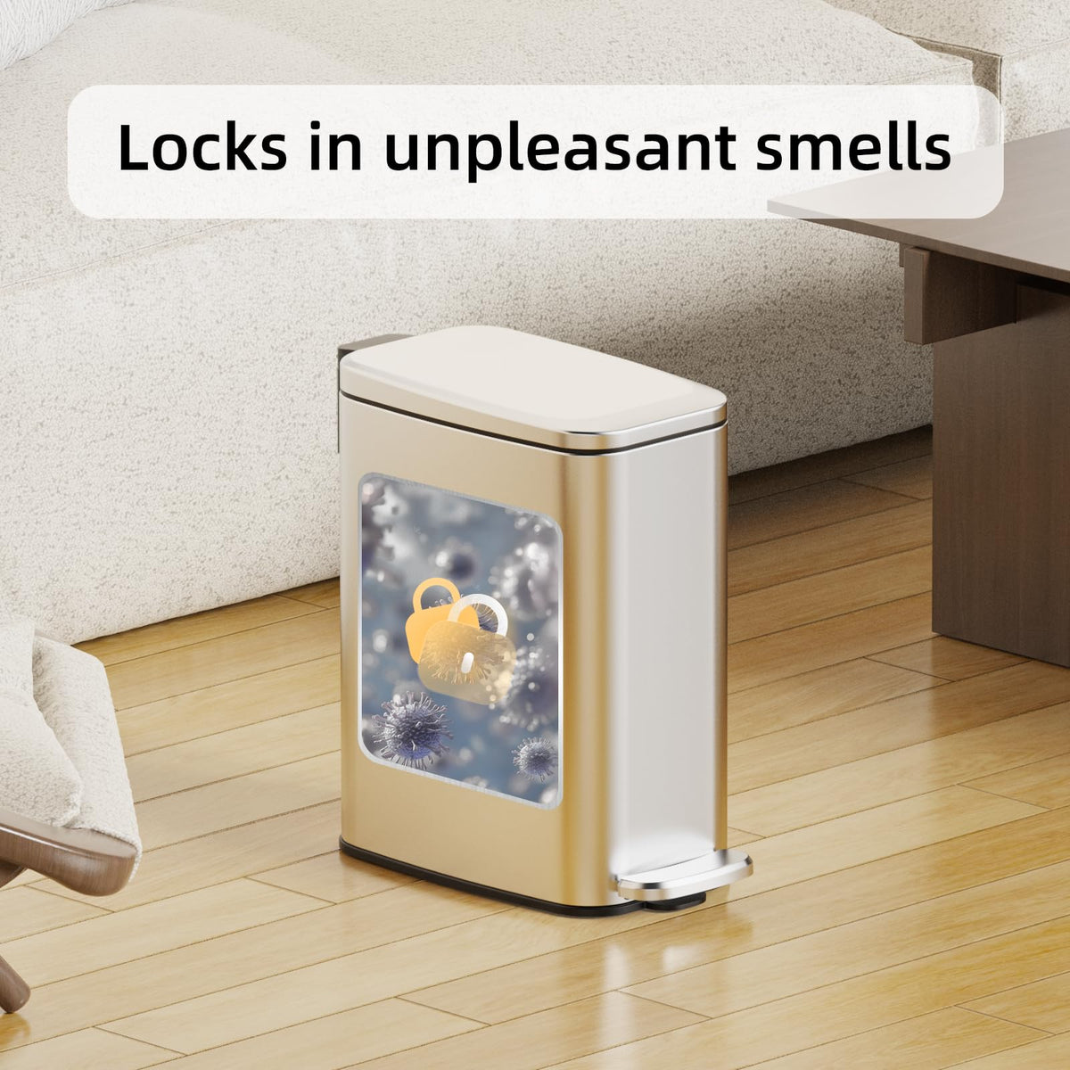 Polished stainless steel finish on KSSKSS trash can resists fingerprints