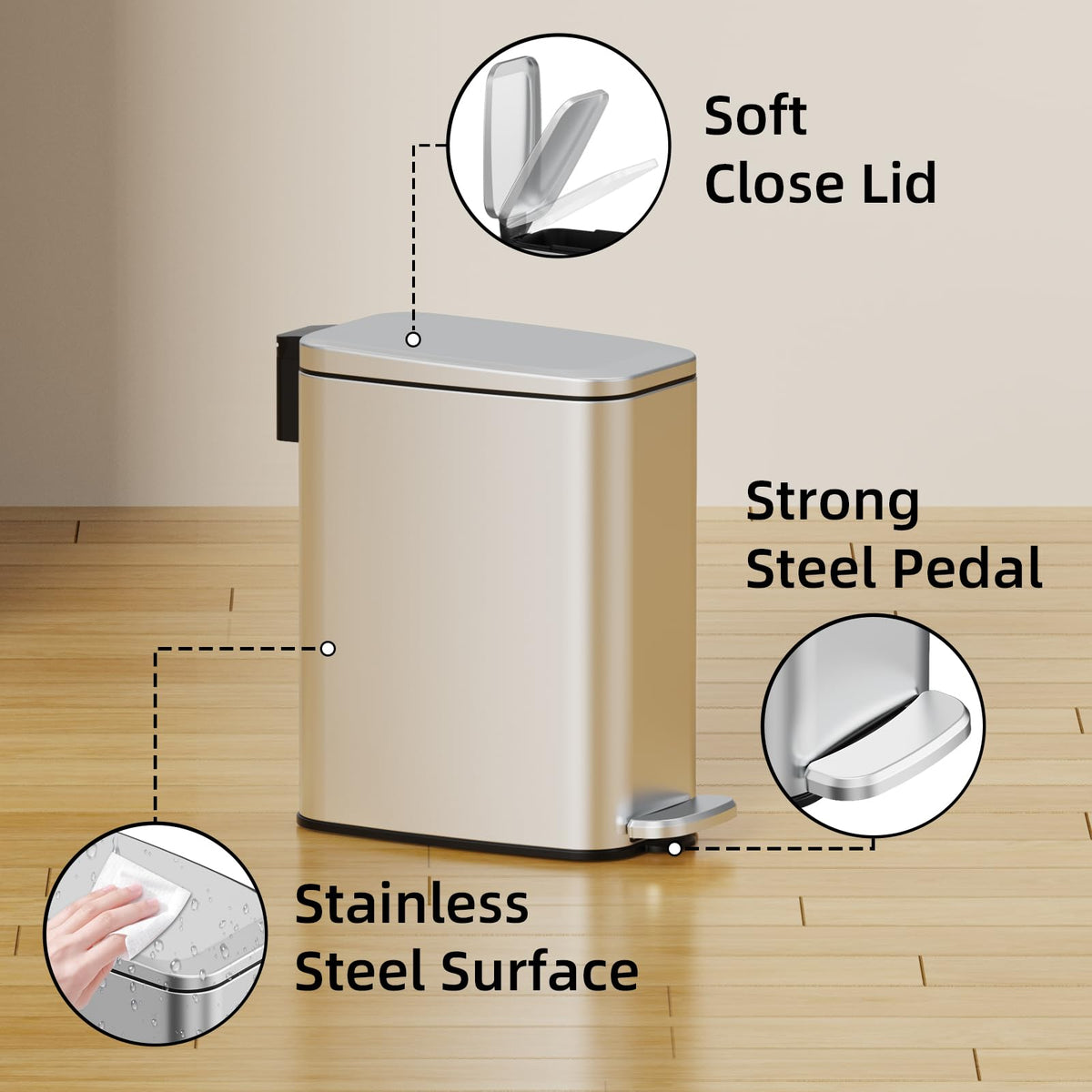 KSSKSS trash can with step pedal for hands-free lid operation