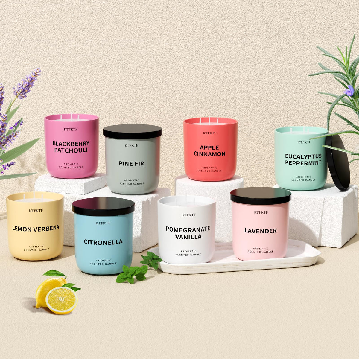 ktfkktf lemon verbena candle on shelf with fresh decor
