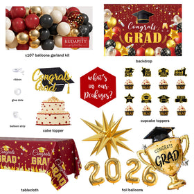 Kudapity balloon garland setup with red and gold accents for celebration