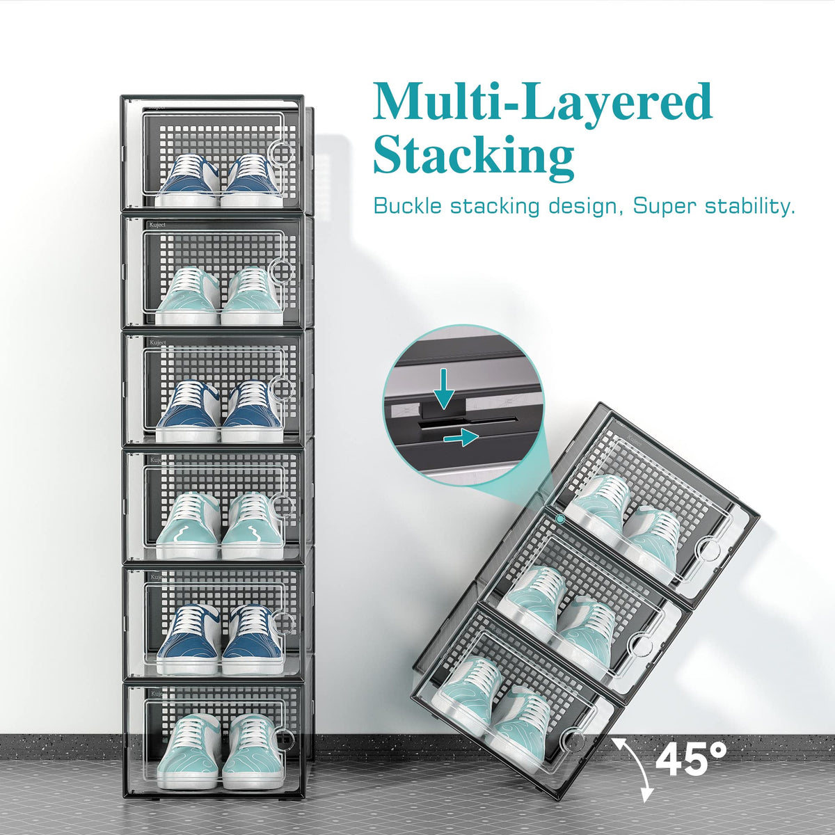 Clear ventilated plastic shoe bins by Kuject with rear air holes.