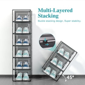 Clear ventilated plastic shoe bins by Kuject with rear air holes.