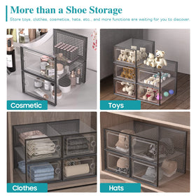 Closet organization using Kuject stackable shoe boxes in a neat column.