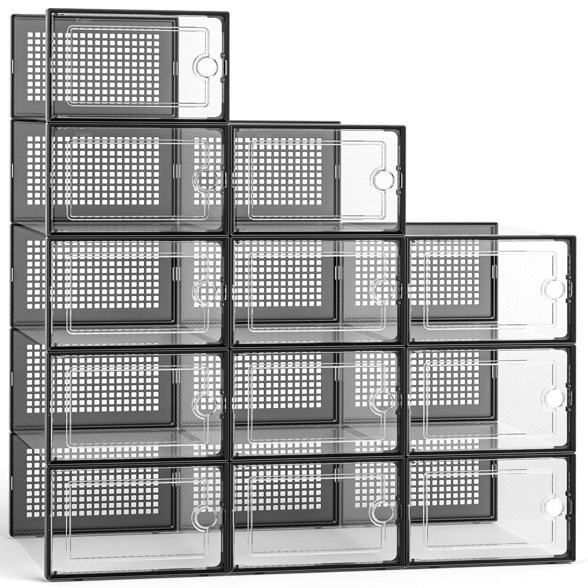 Kuject large shoe organizers with stackable lids for closet space efficiency.
