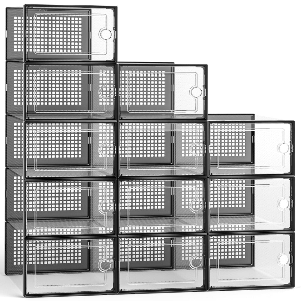 Kuject large shoe organizers with stackable lids for closet space efficiency.