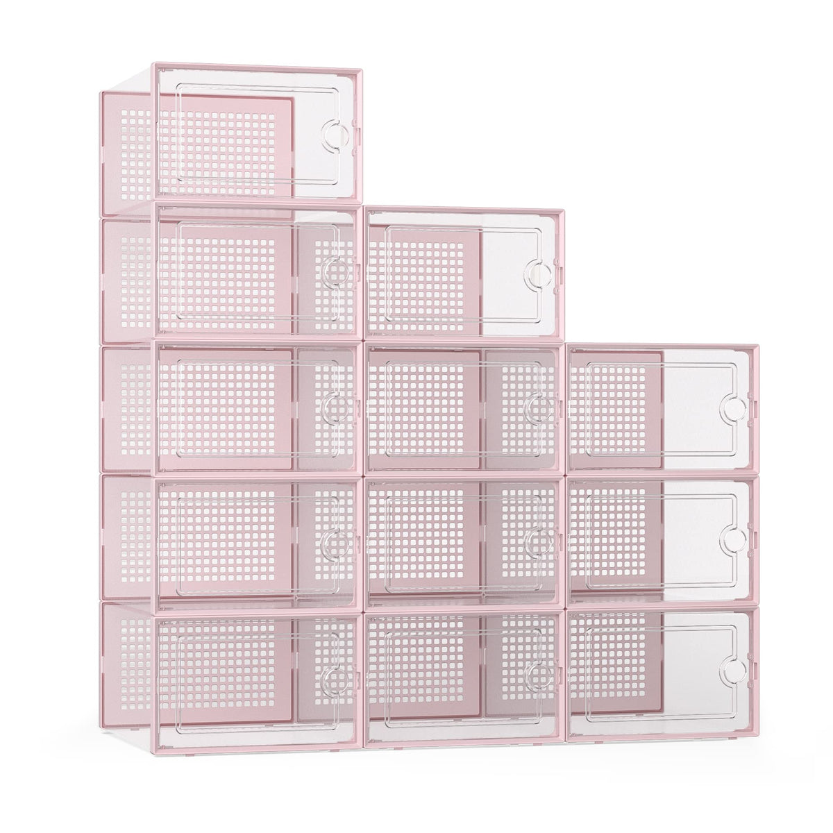 Kuject X-Large clear shoe storage box, pink accent, visible footwear organization.