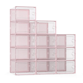 Kuject X-Large clear shoe storage box, pink accent, visible footwear organization.