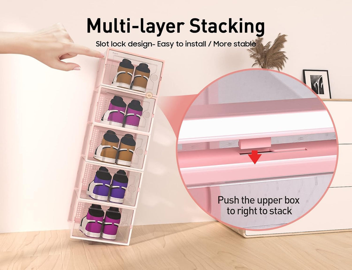 Kuject box shows sneakers inside with transparent panels for quick locating.