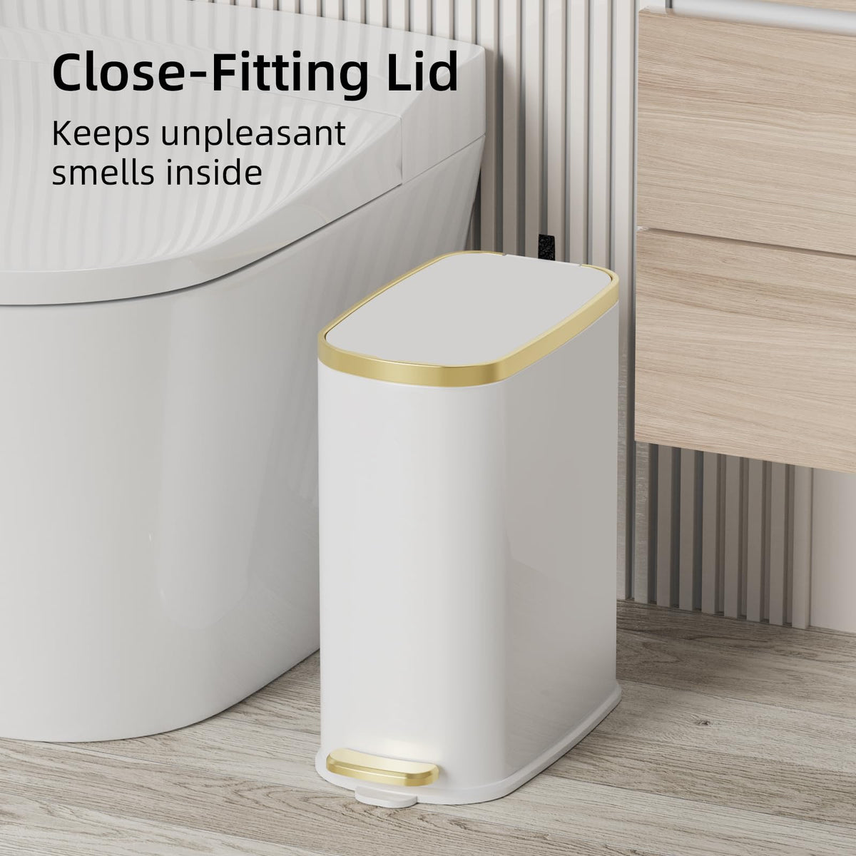 KUK trash can with a rectangular compact profile fits tight spaces.