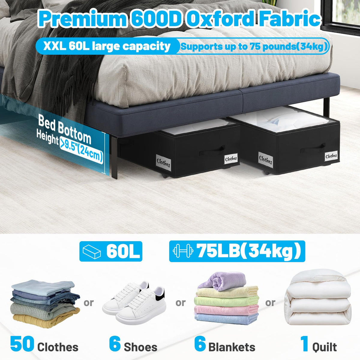Kukikan storage two-pack shows 75L capacity and rugged 600D fabric.
