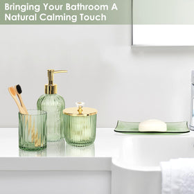Kukikan designer green glass collection display emphasizes cohesive decor.