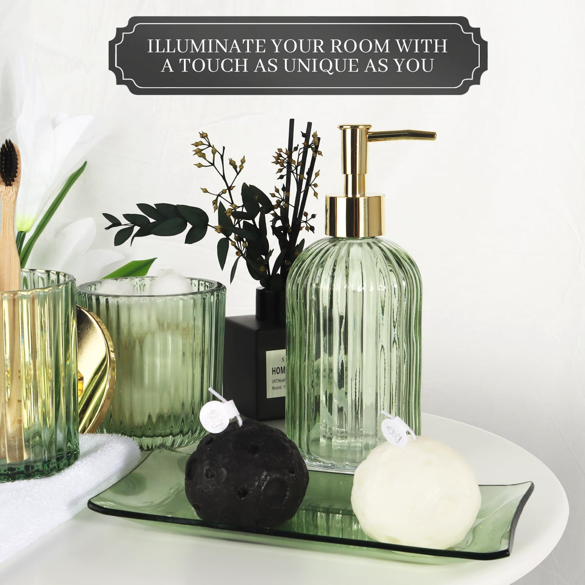 Kukikan designer green glass vanity tray organizes essentials with style.