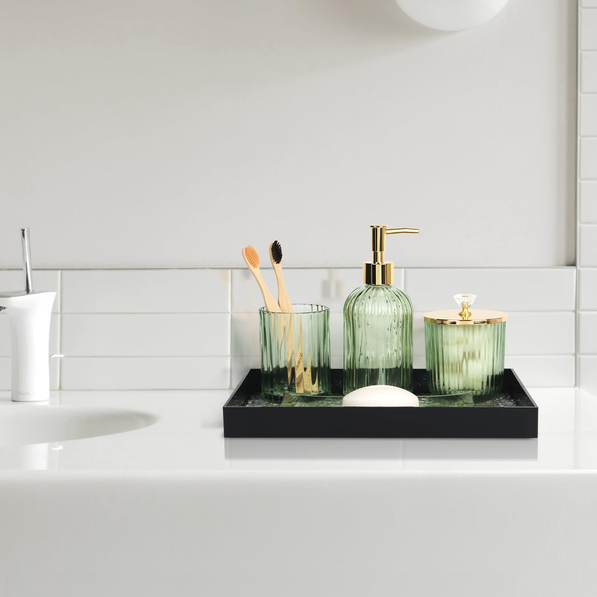 Kukikan designer green glass bathroom decor pack elevates vanity styling.
