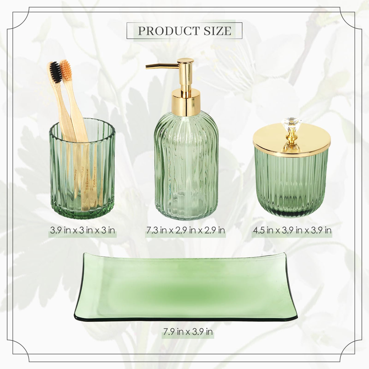 Kukikan green glass bathroom set close-up shows fine craftsmanship.