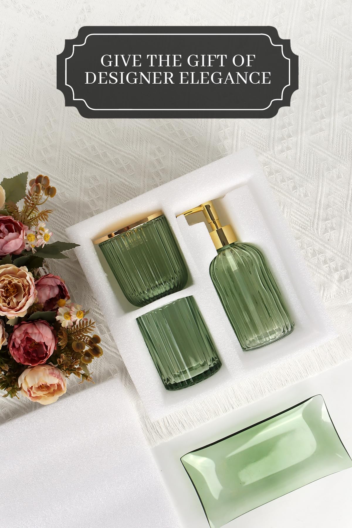 Kukikan green glass bathroom set side view highlights durable luxury.