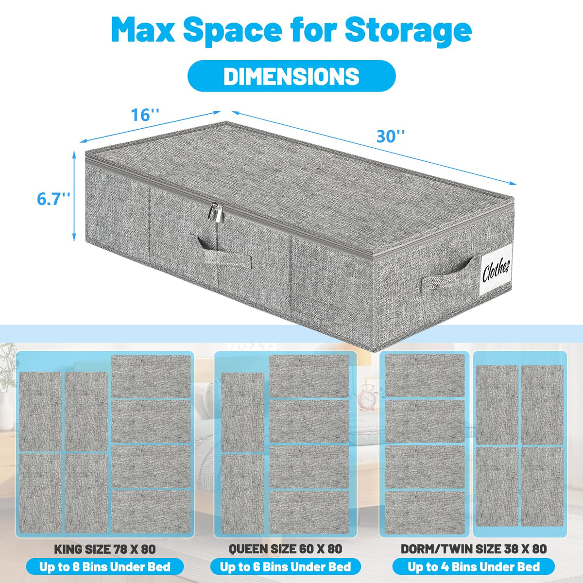 Kukikan 30x16x6.7 inch bins store clothes, bedding, or toys.