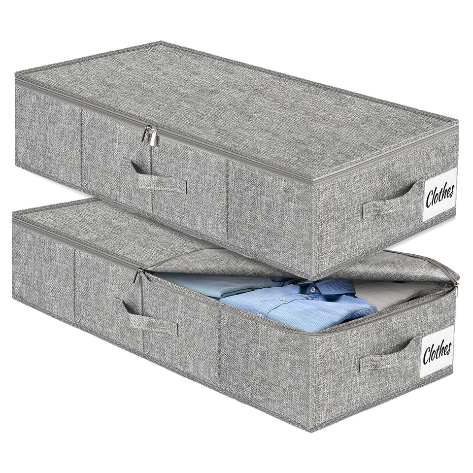 Kukikan under-bed storage bins in a full set beneath a bed, maximizing space for clothes.