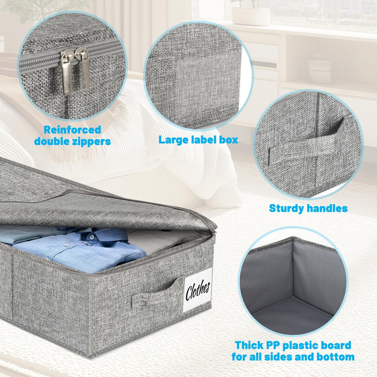 Kukikan dorm-friendly bins with three handles and double zippers for easy access.