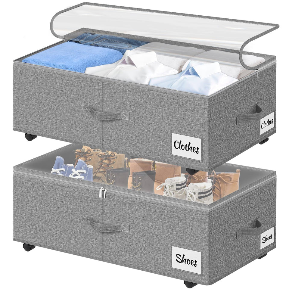 Kukikan under-bed storage wheels 2-pack 75L bin – spacious storage for clothes and shoes.