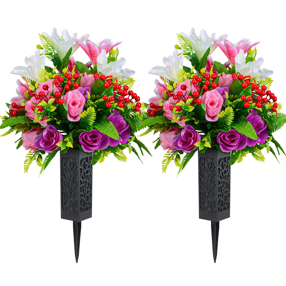 Kukooka artificial cemetery flowers rose-lily bouquet for lasting memorial color