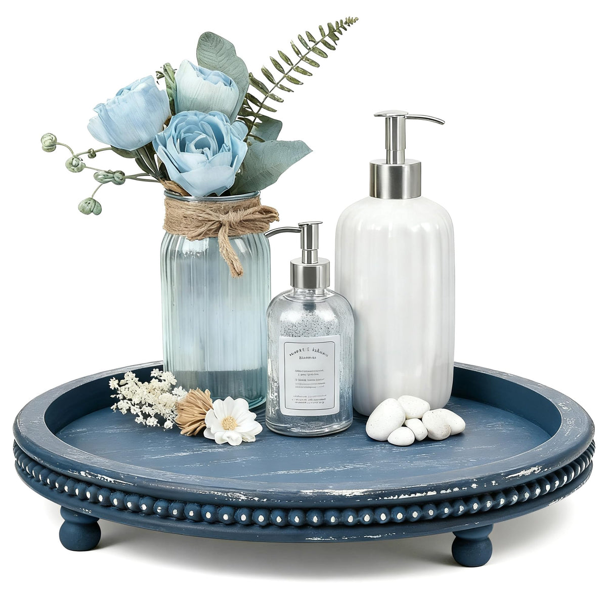 KULEDM handmade 12-inch blue beaded round tray, a chic coffee table centerpiece.