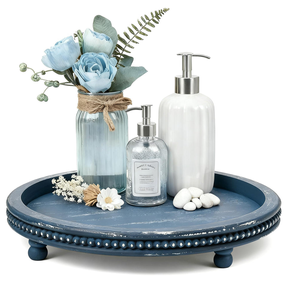 KULEDM handmade 12-inch blue beaded round tray, a chic coffee table centerpiece.
