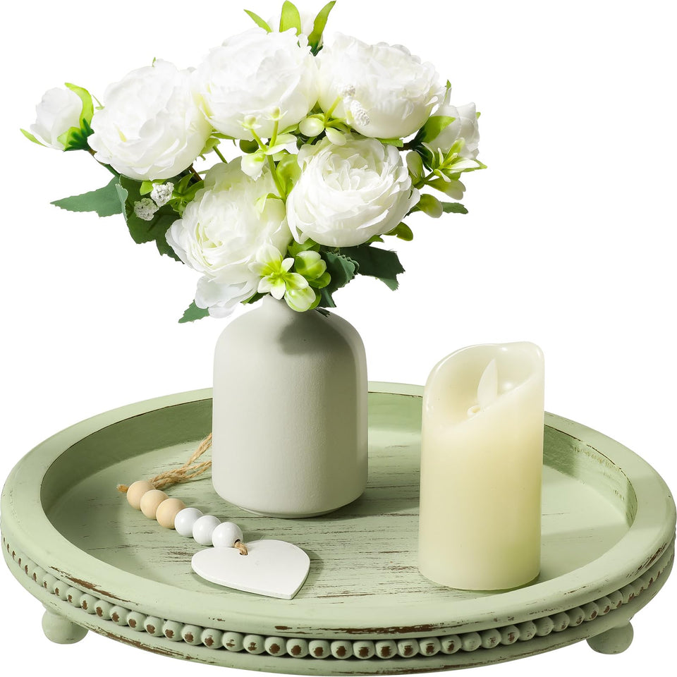 KULEDM sage round serving tray with beaded edge, ideal as coffee table centerpiece.