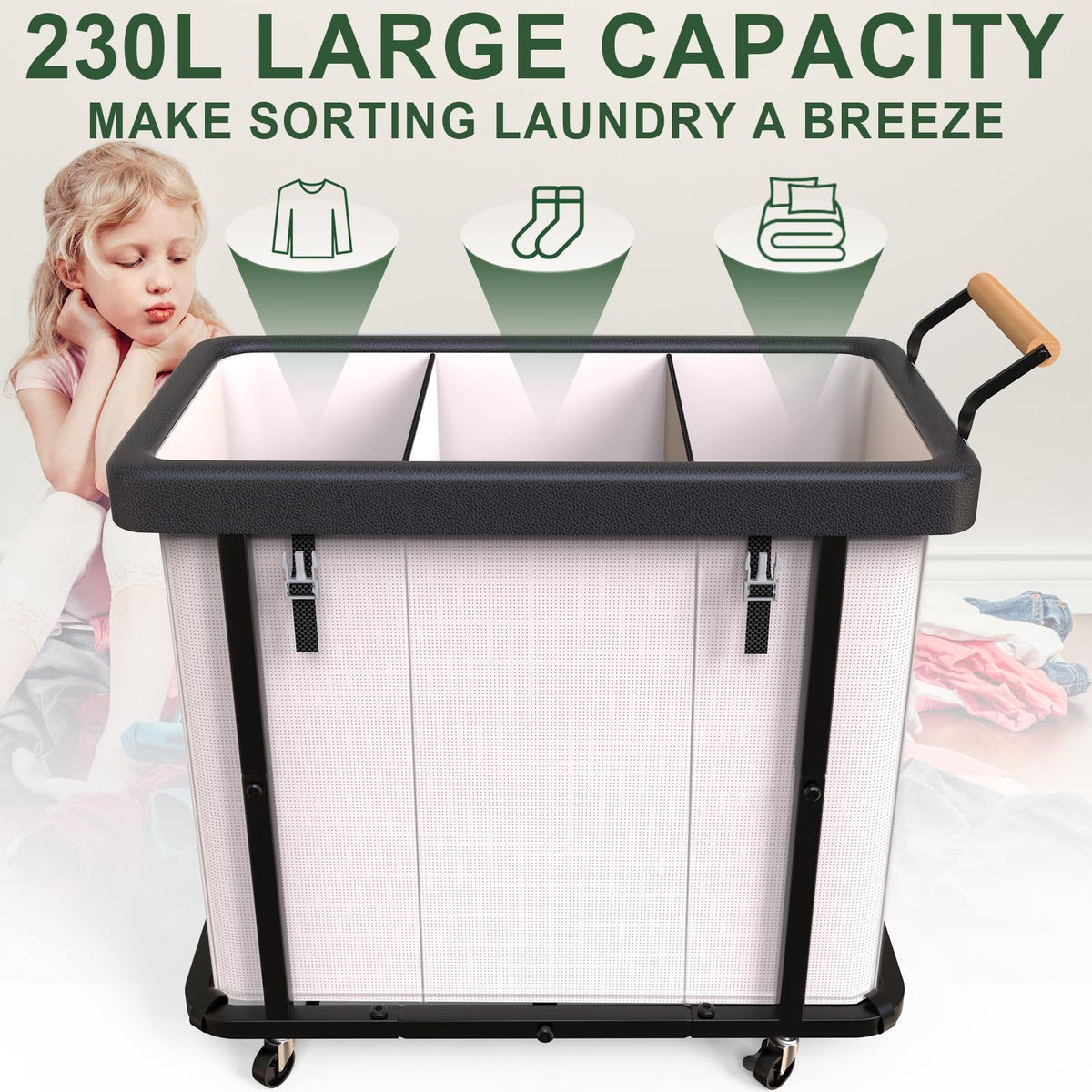 Kunlabori 3-section laundry sorter with wheels — easy transport in busy homes.