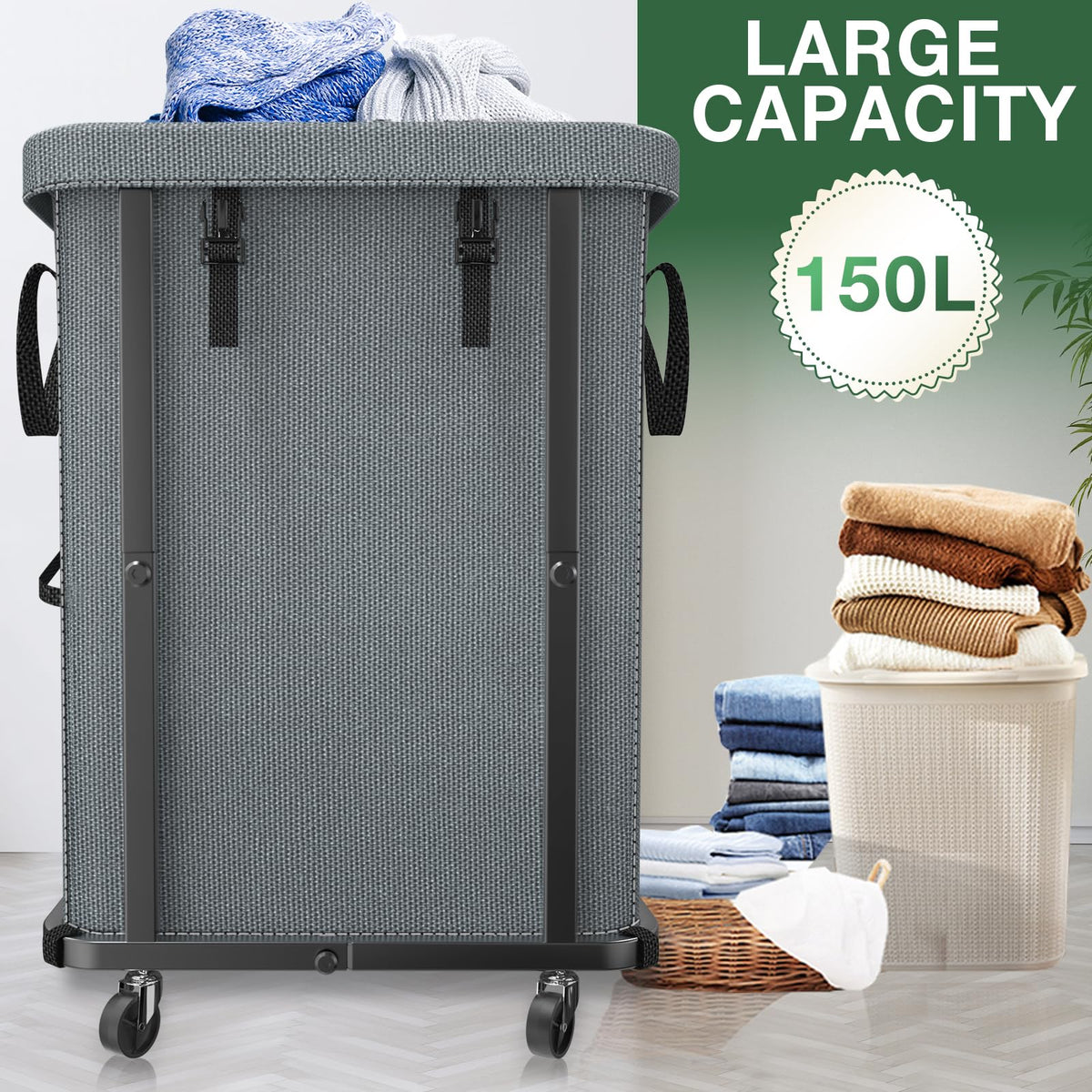 Kunlabori laundry cart with lid offering secure laundry storage.