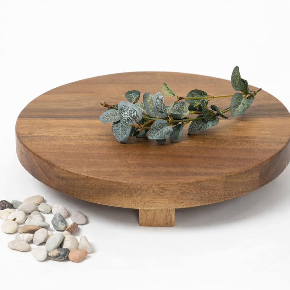 Kurrajong Farmhouse footed wooden tray showcases a round acacia surface for stylish plant displays.