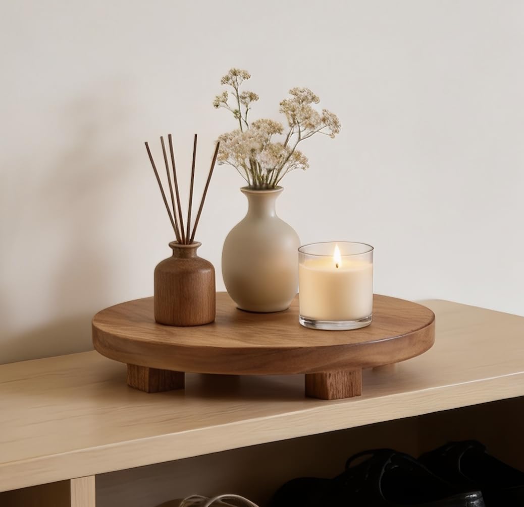 Kurrajong Farmhouse round acacia board enhances countertop display in kitchens and bathrooms.