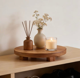 Kurrajong Farmhouse round acacia board enhances countertop display in kitchens and bathrooms.