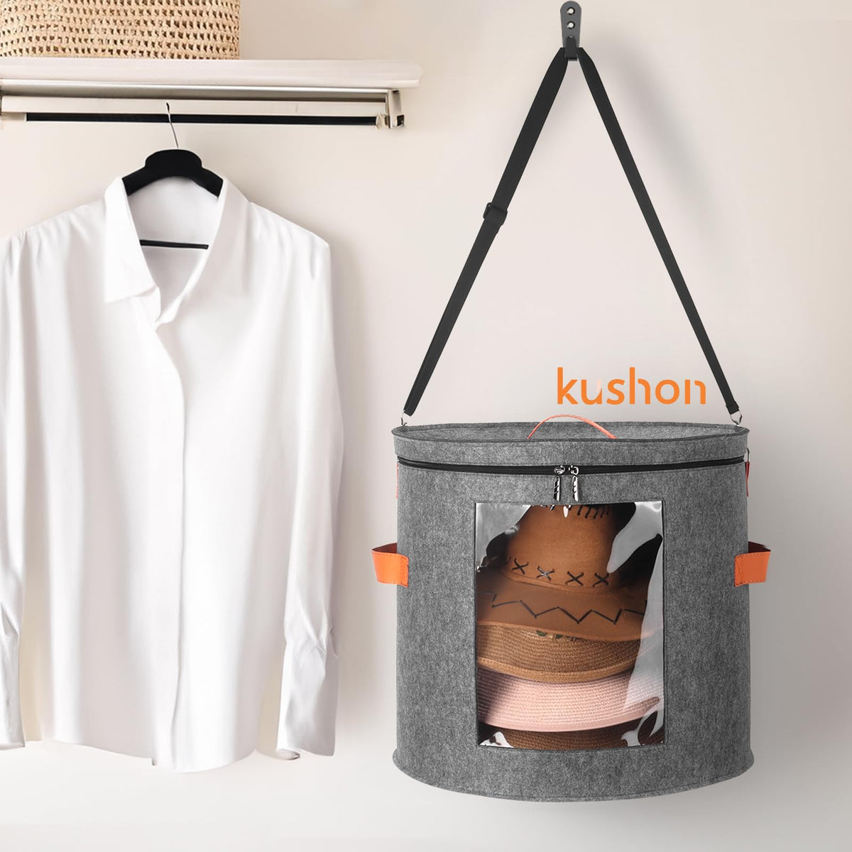 Kushon foldable storage bag with shoulder strap for easy transport.