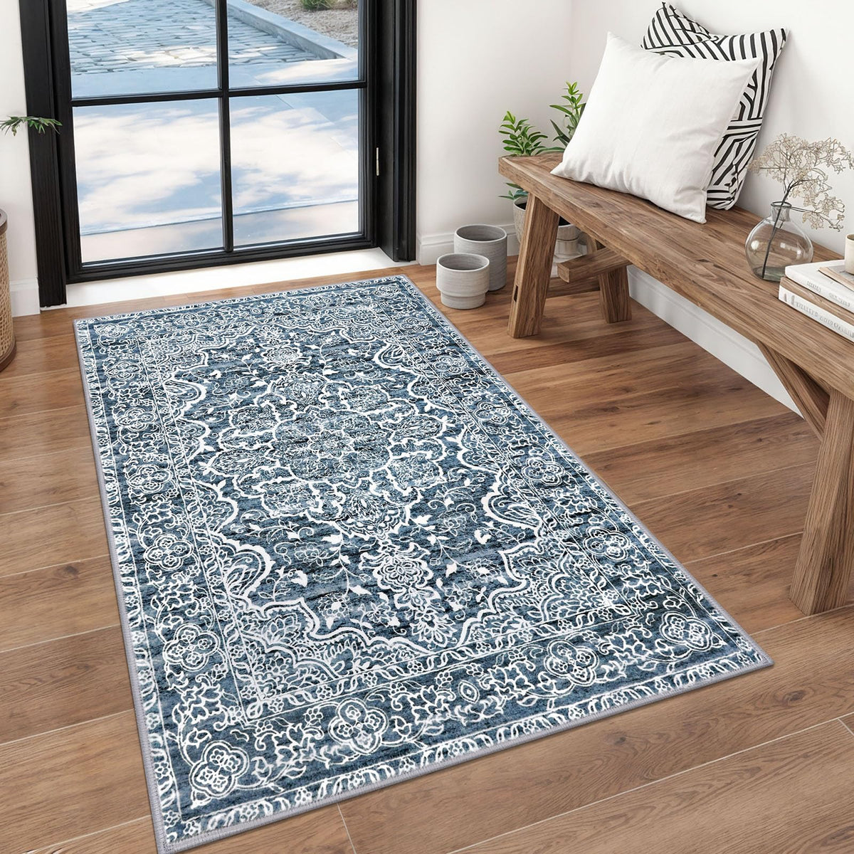 KUTA 3x5 entryway rug with non-slip backing for safe hardwood floors.