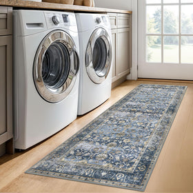 KUTA Vintage Washable Runner in hallway shows blue-grey-beige vintage fade.