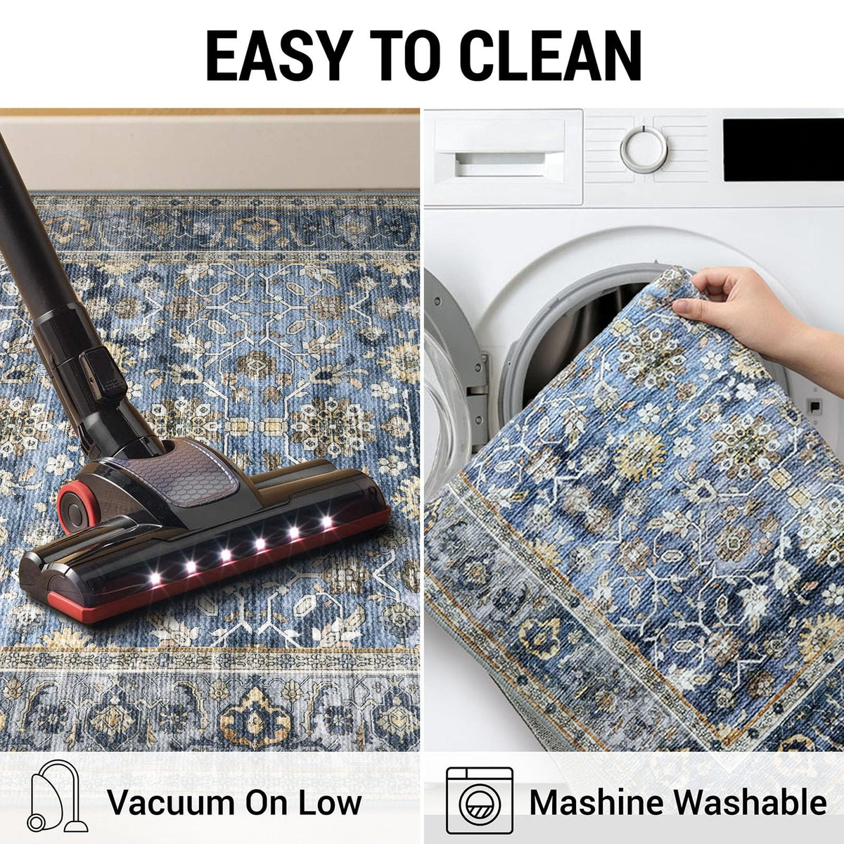 KUTA Vintage Washable Runner machine-wash care shown for easy cleaning.