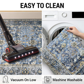 KUTA Vintage Washable Runner machine-wash care shown for easy cleaning.