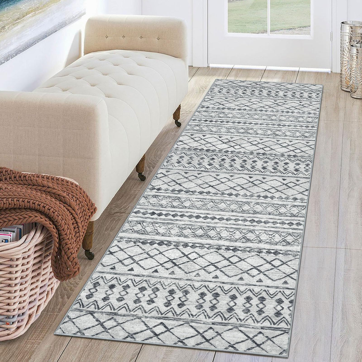 KUTA washable runner rug 2x6 front view gray showing soft texture for comfort