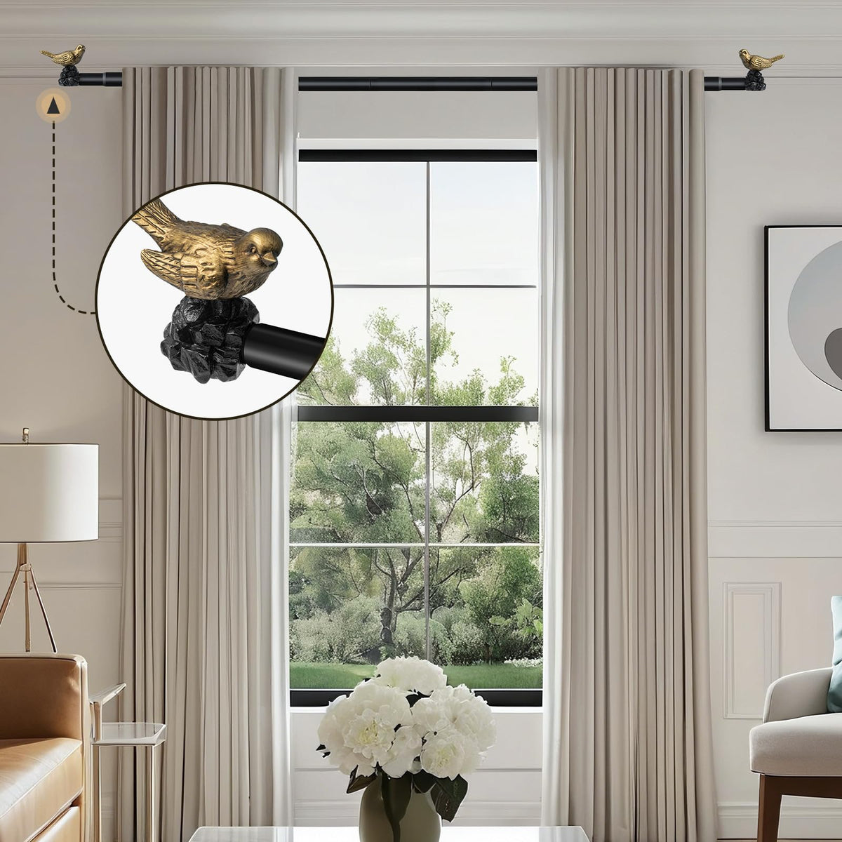 KVEEO kitchen window curtain rod with gold bird finials