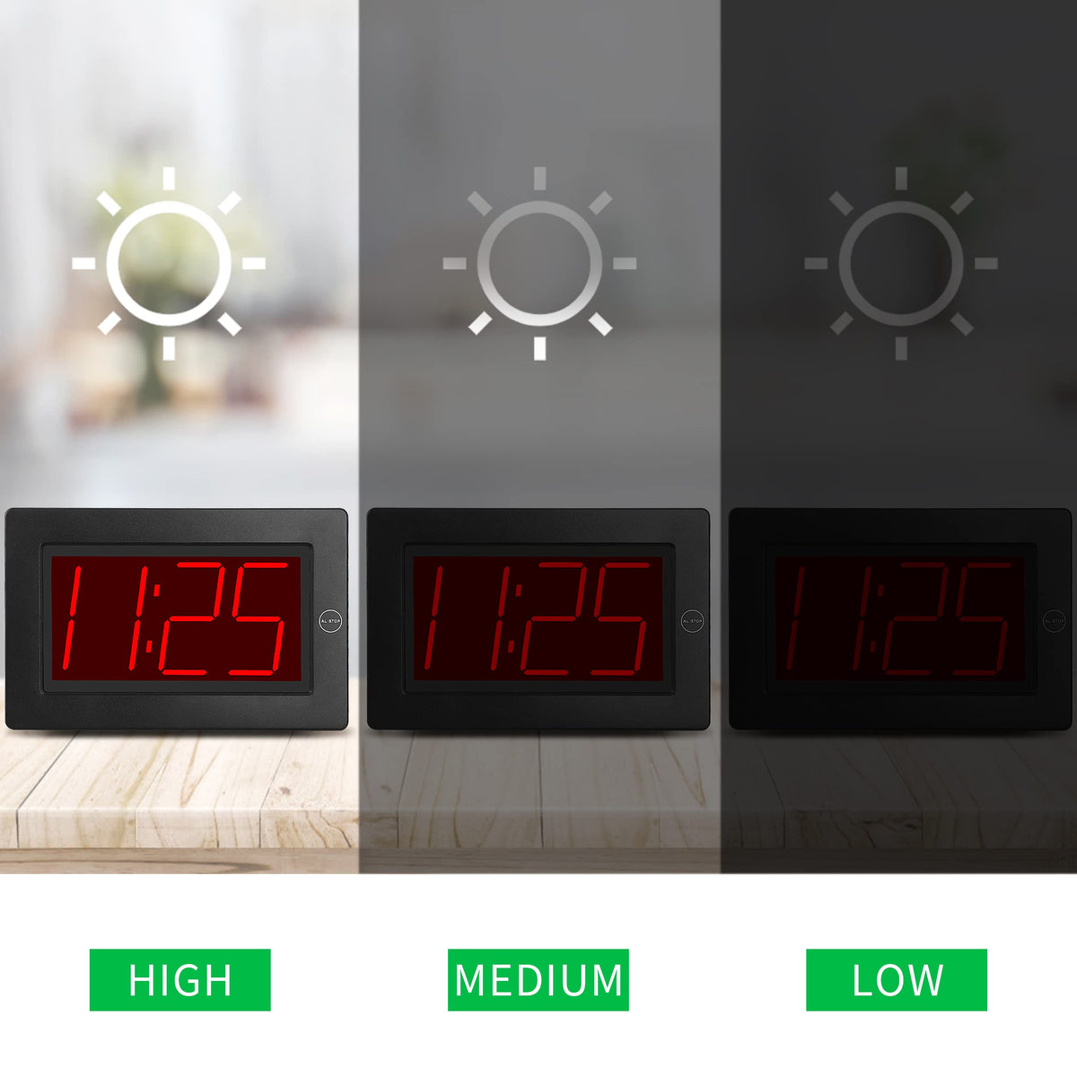 KWANWA large digital alarm clock display closeup highlights bright, clear numerals day and night