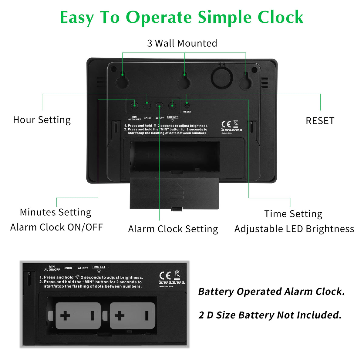 KWANWA large digital alarm clock wall mount back showcases easy mounting options