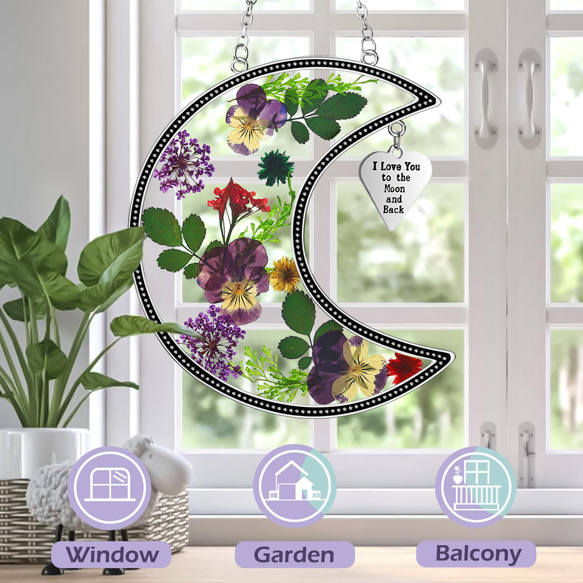 KY&BOSAM moon suncatcher with heart pendant engraved I Love You to the Moon and Back