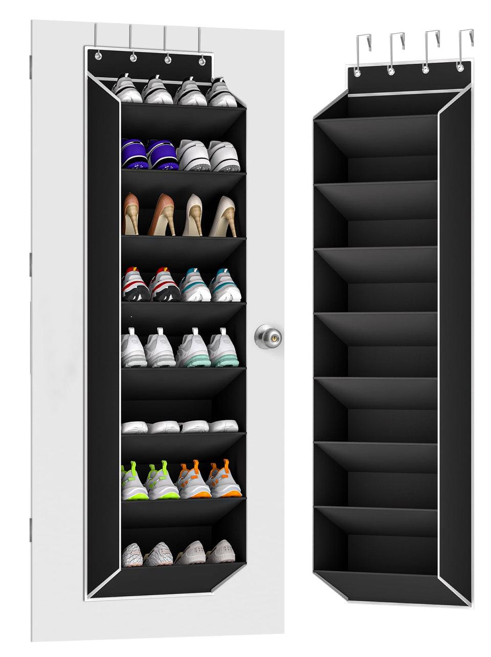 KYEVIS over-the-door shoe organizer with eight shelves keeps shoes neatly organized.